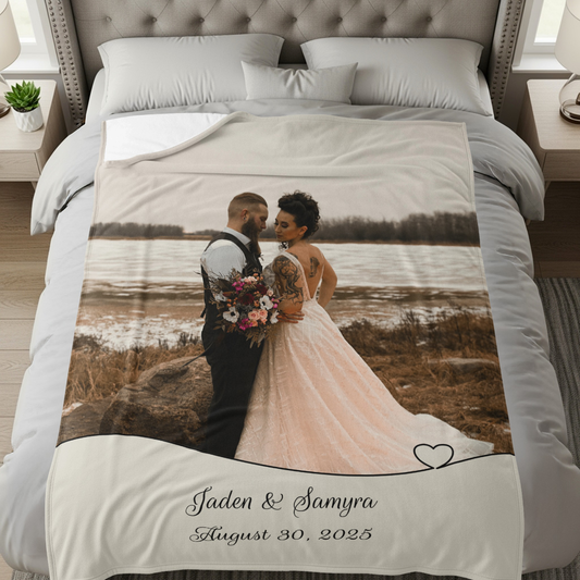 Wedding Photo and Date Heart Border Custom Personalized Velveteen Plush Blanket