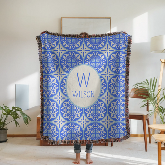 Woven Blanket Woman Holding for use as mockup within TeeinBlue-Background