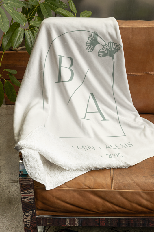 Custom Personalized Ginkgo Leaves Minimal Wedding or Anniversary Velveteen Plush Blanket