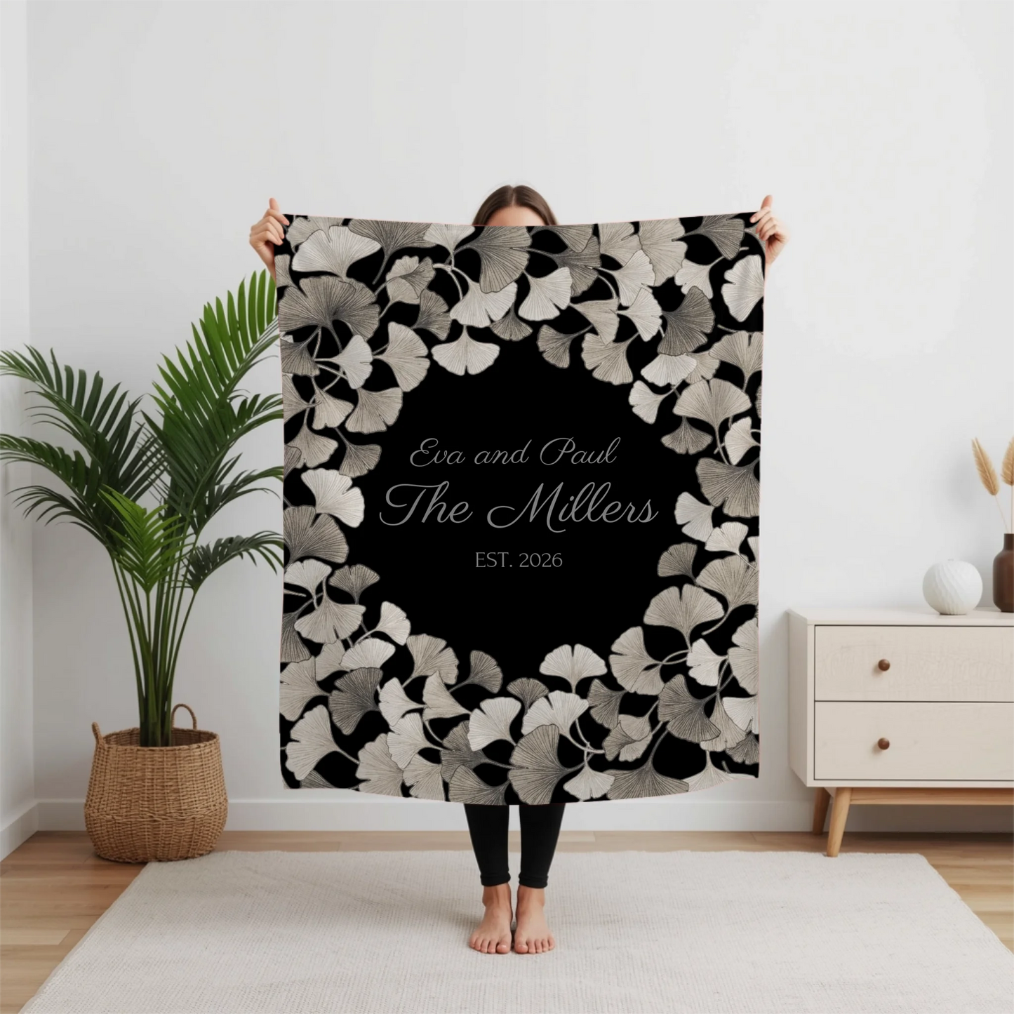 Personalized Ginkgo Leaves Blanket – Custom Family Name & Established Date Woven Throw or Plush Fleece Blanket - Available in 3 Colors