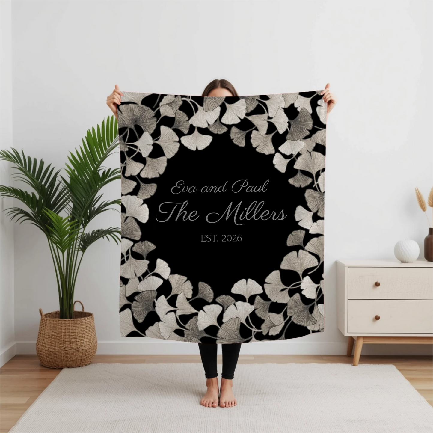 Personalized Ginkgo Leaves Blanket – Custom Family Name & Established Date Woven Throw or Plush Fleece Blanket - Available in 3 Colors