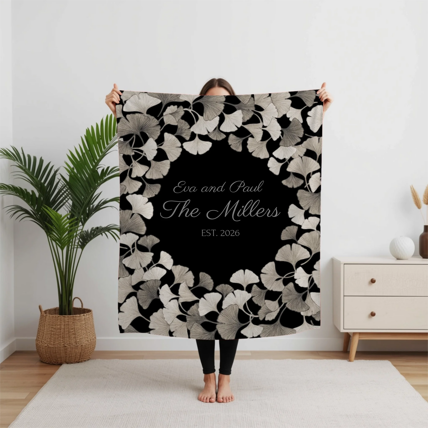 Personalized Ginkgo Leaves Blanket – Custom Family Name & Established Date Woven Throw or Plush Fleece Blanket - Available in 3 Colors