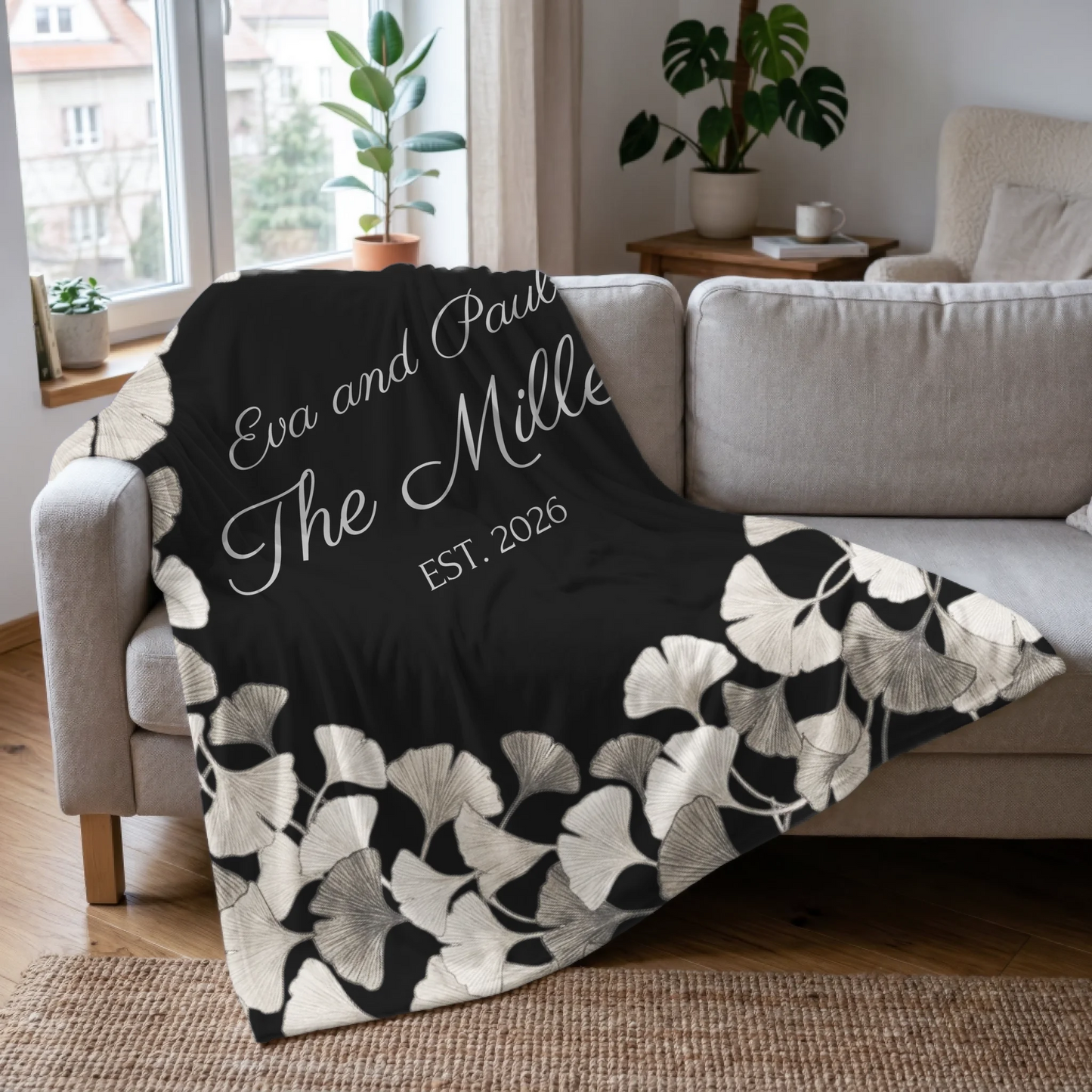 Personalized Ginkgo Leaves Blanket – Custom Family Name & Established Date Woven Throw or Plush Fleece Blanket - Available in 3 Colors