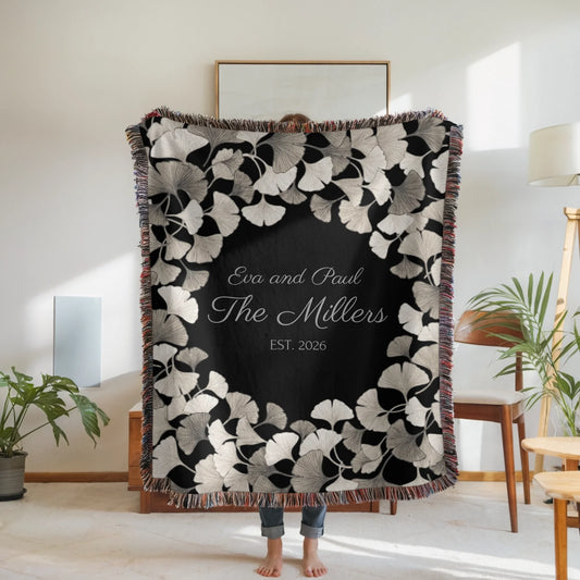 Personalized Ginkgo Leaves Blanket – Custom Family Name & Established Date Woven Throw or Plush Fleece Blanket - Available in 3 Colors