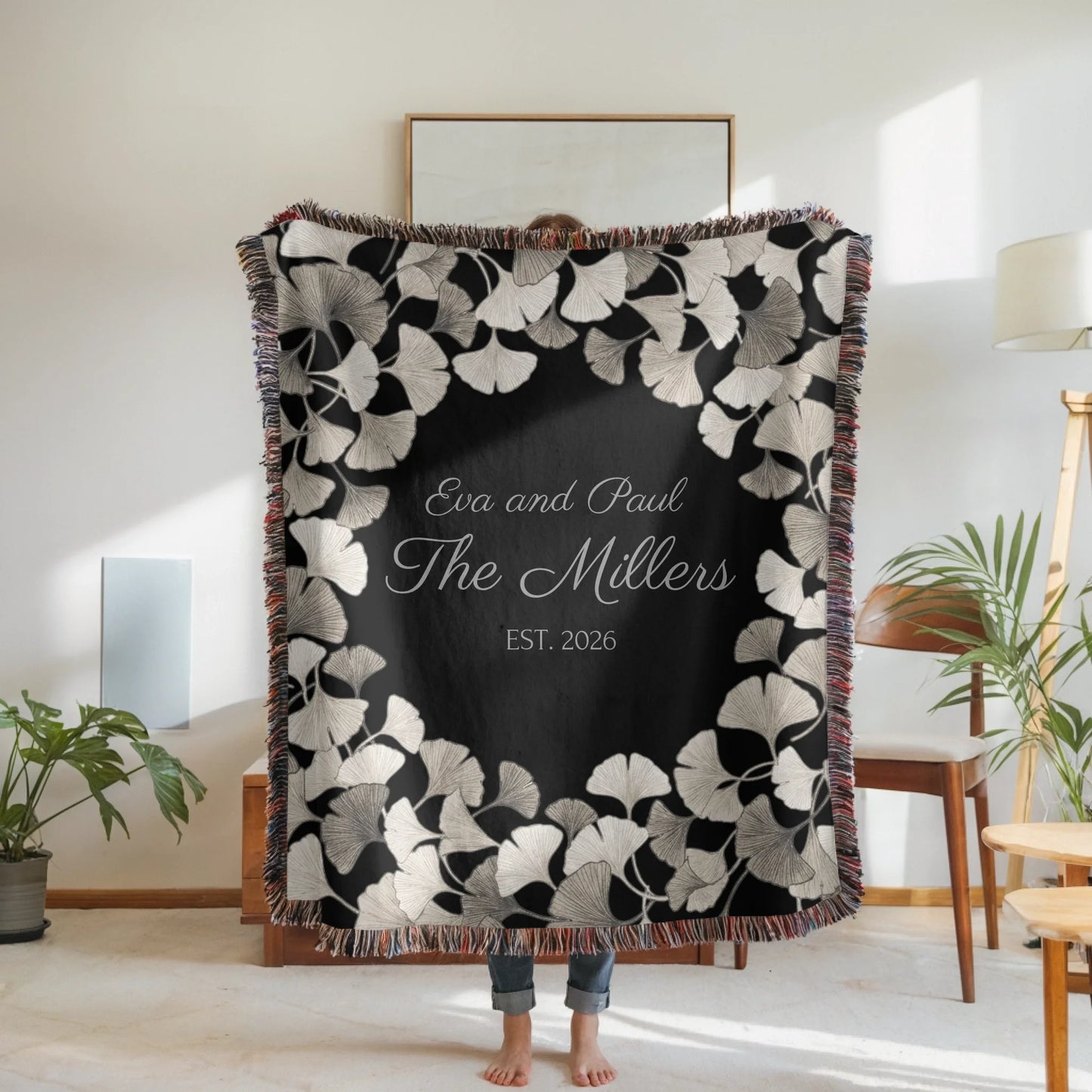 Woven Blanket Woman Holding for use as mockup within TeeinBlue-Background