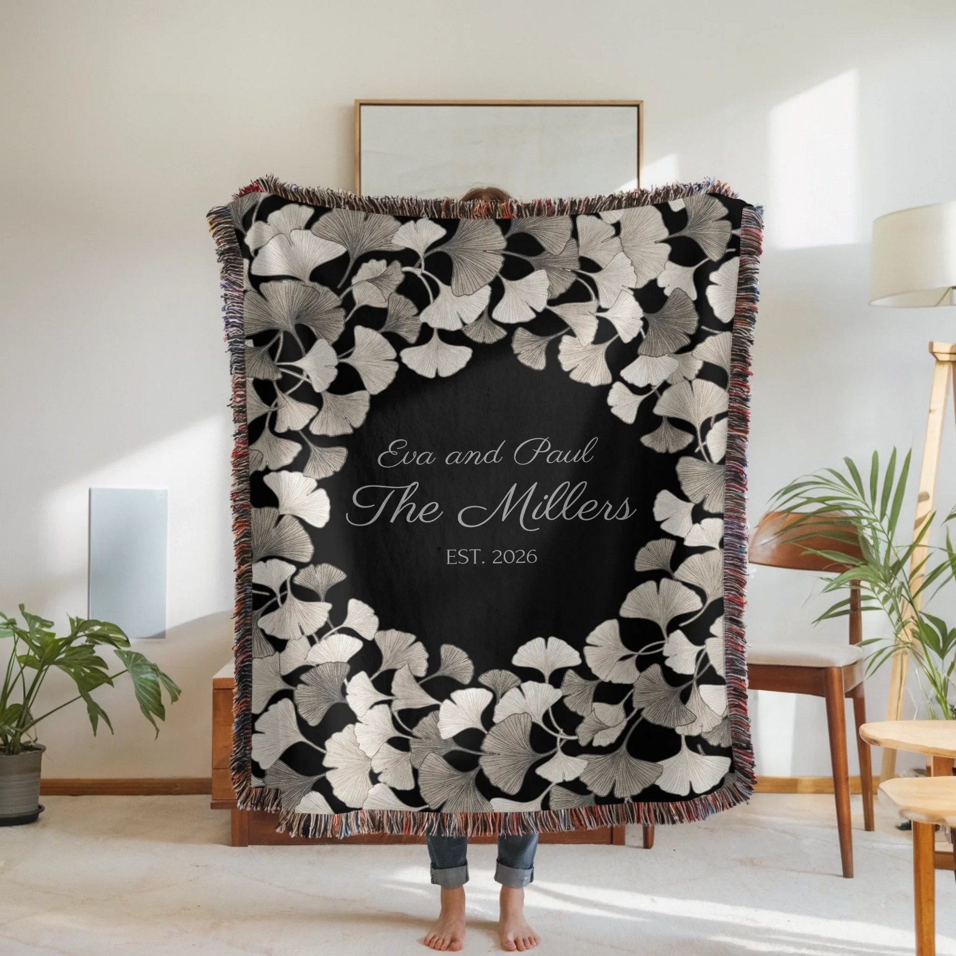 Woven Blanket Woman Holding for use as mockup within TeeinBlue-Background