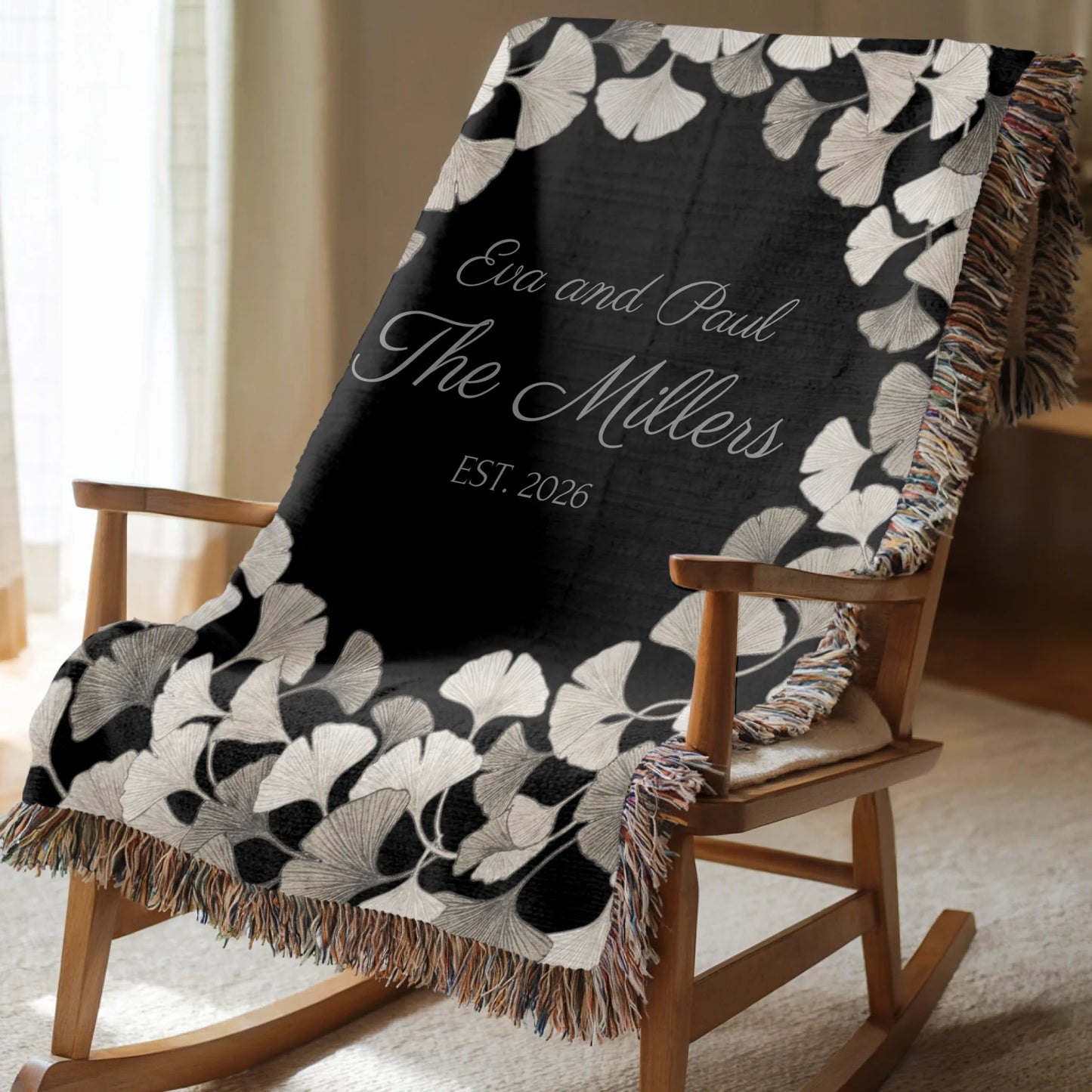 Personalized Ginkgo Leaves Blanket – Custom Family Name & Established Date Woven Throw or Plush Fleece Blanket - Available in 3 Colors