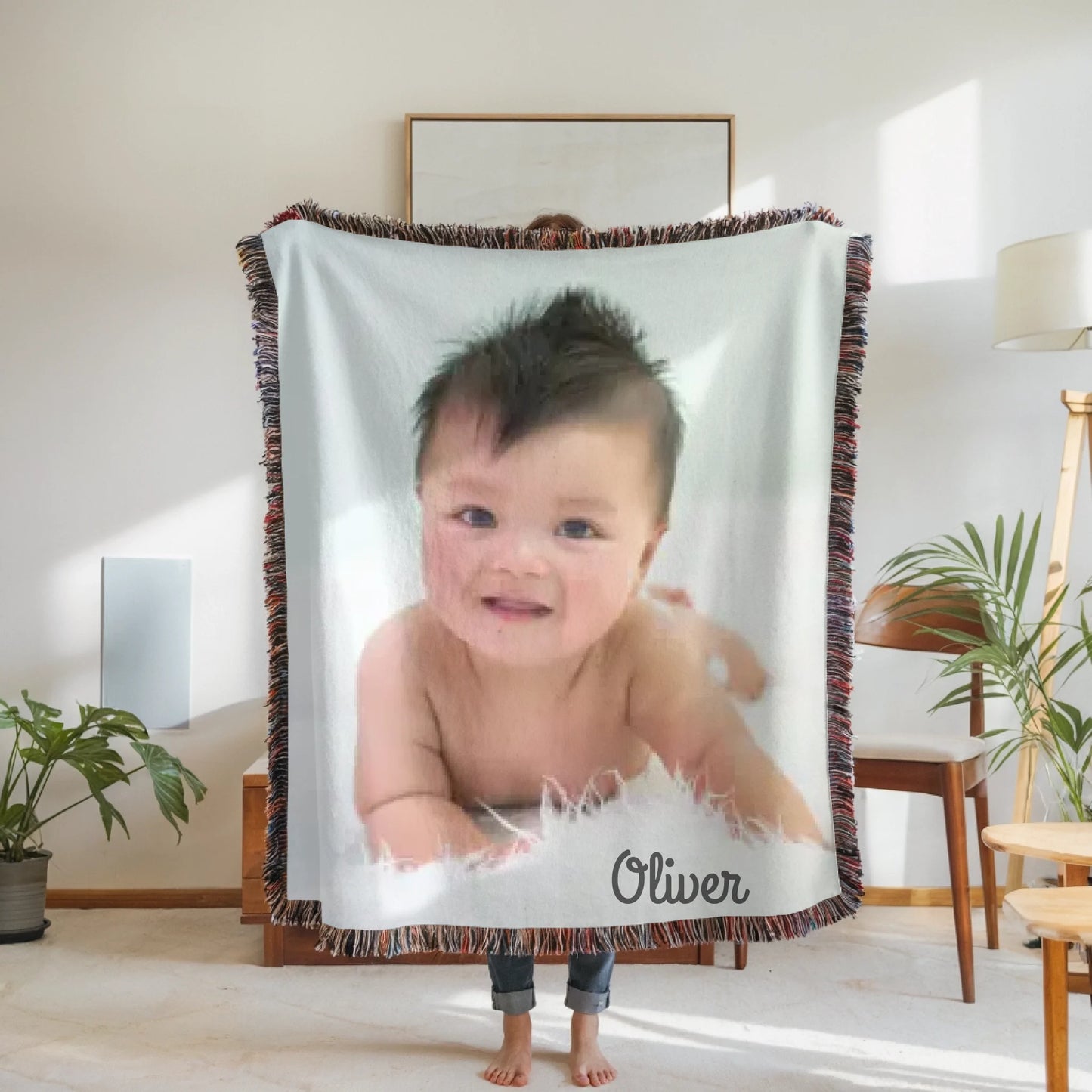 Woven Blanket Woman Holding for use as mockup within TeeinBlue-Background