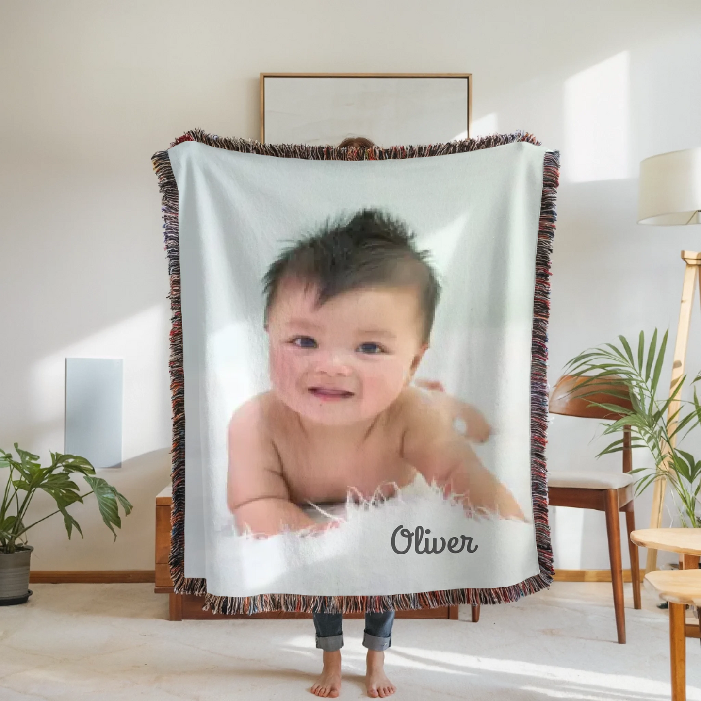 Woven Blanket Woman Holding for use as mockup within TeeinBlue-Background