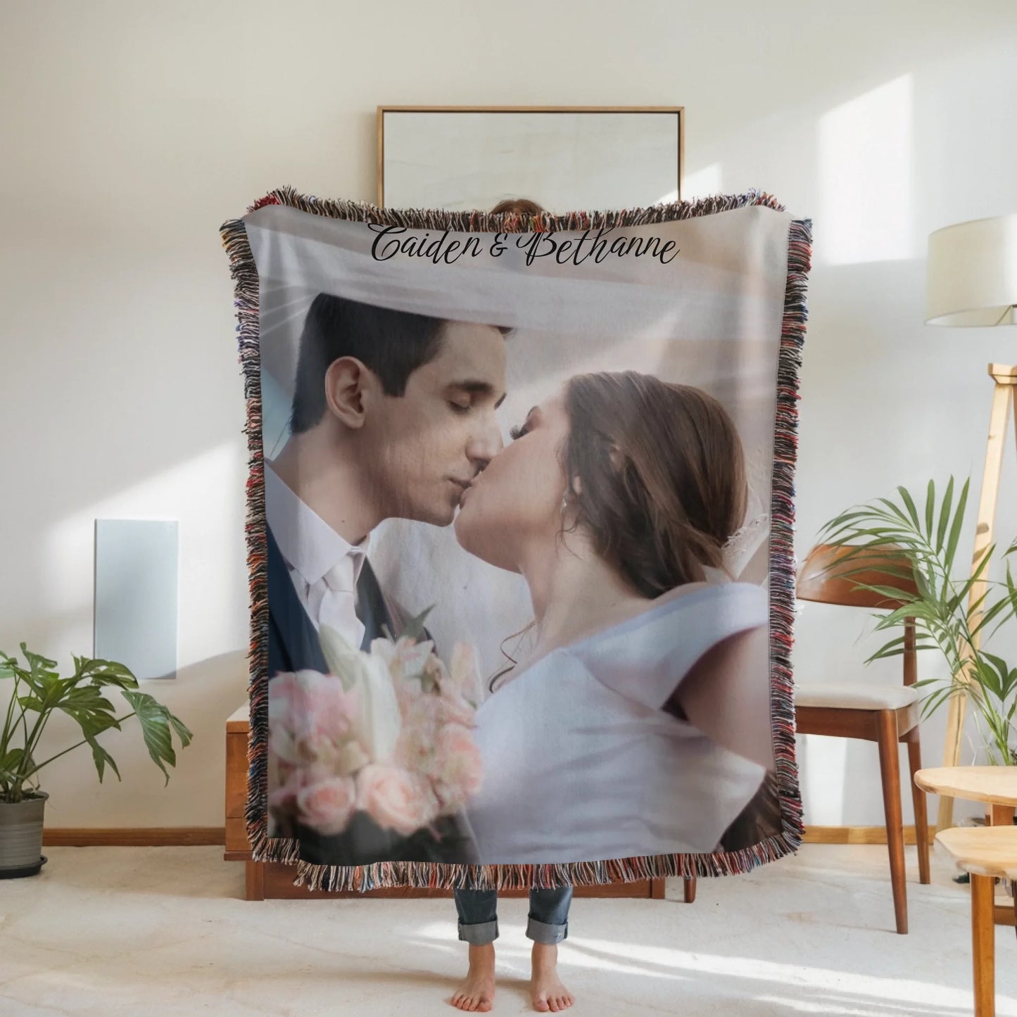 Woven Blanket Woman Holding for use as mockup within TeeinBlue-Background