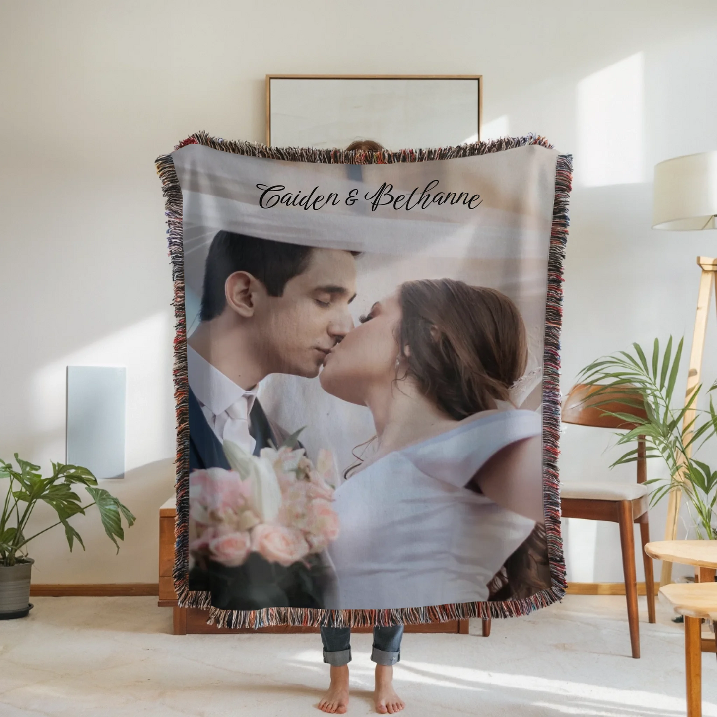 Woven Blanket Woman Holding for use as mockup within TeeinBlue-Background