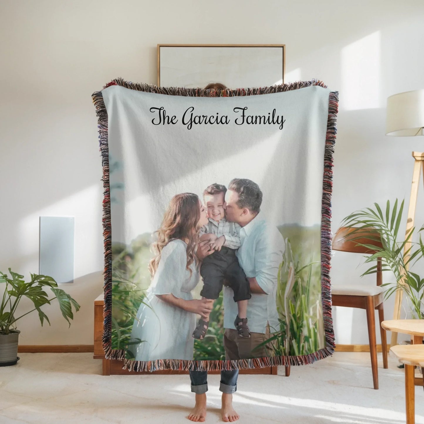 Woven Blanket Woman Holding for use as mockup within TeeinBlue-Background