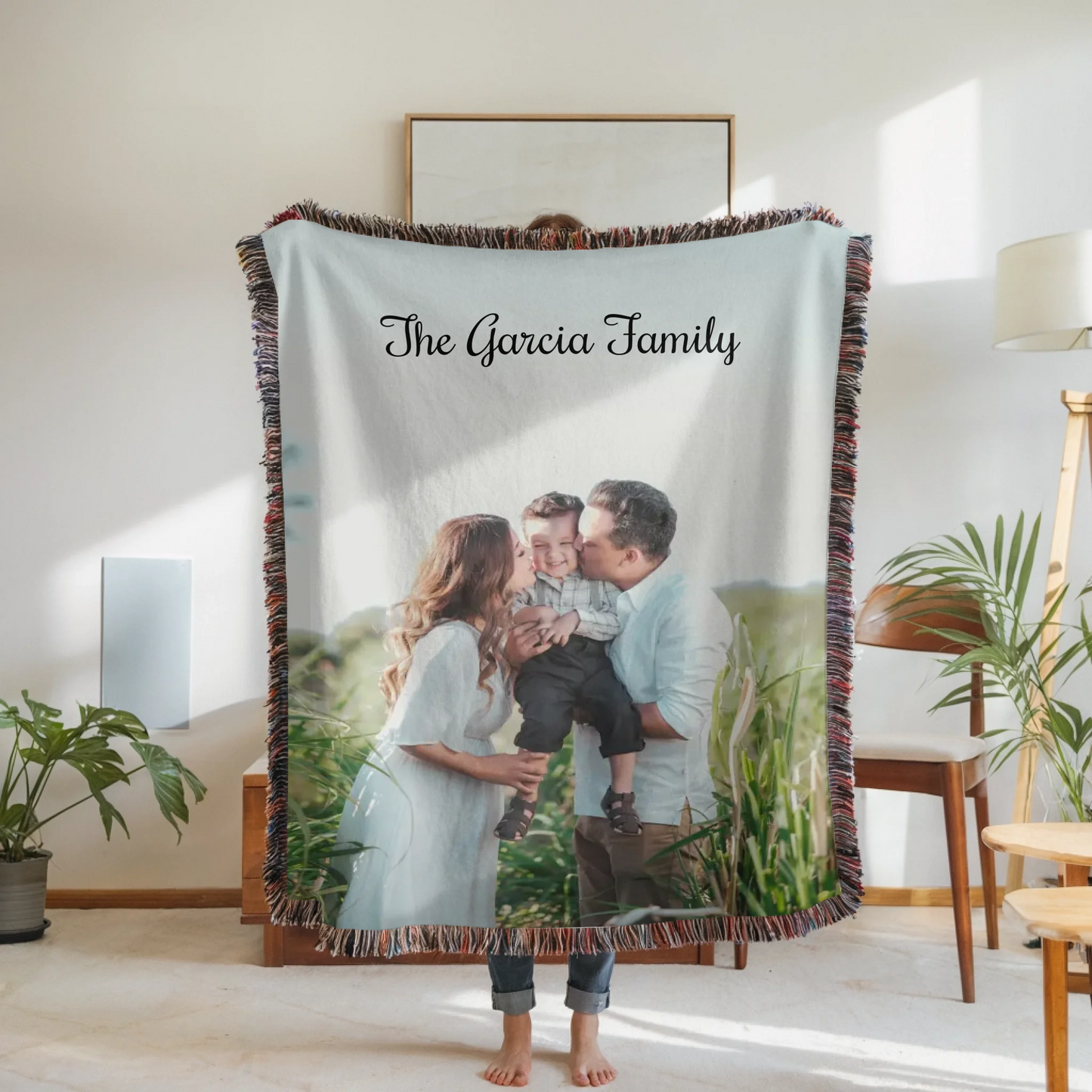 Woven Blanket Woman Holding for use as mockup within TeeinBlue-Background