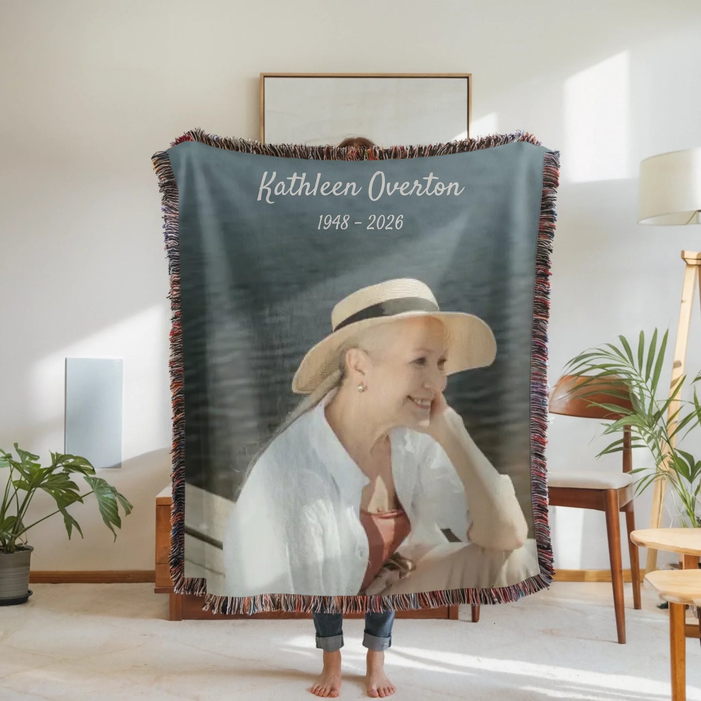 Woven Blanket Woman Holding for use as mockup within TeeinBlue-Background