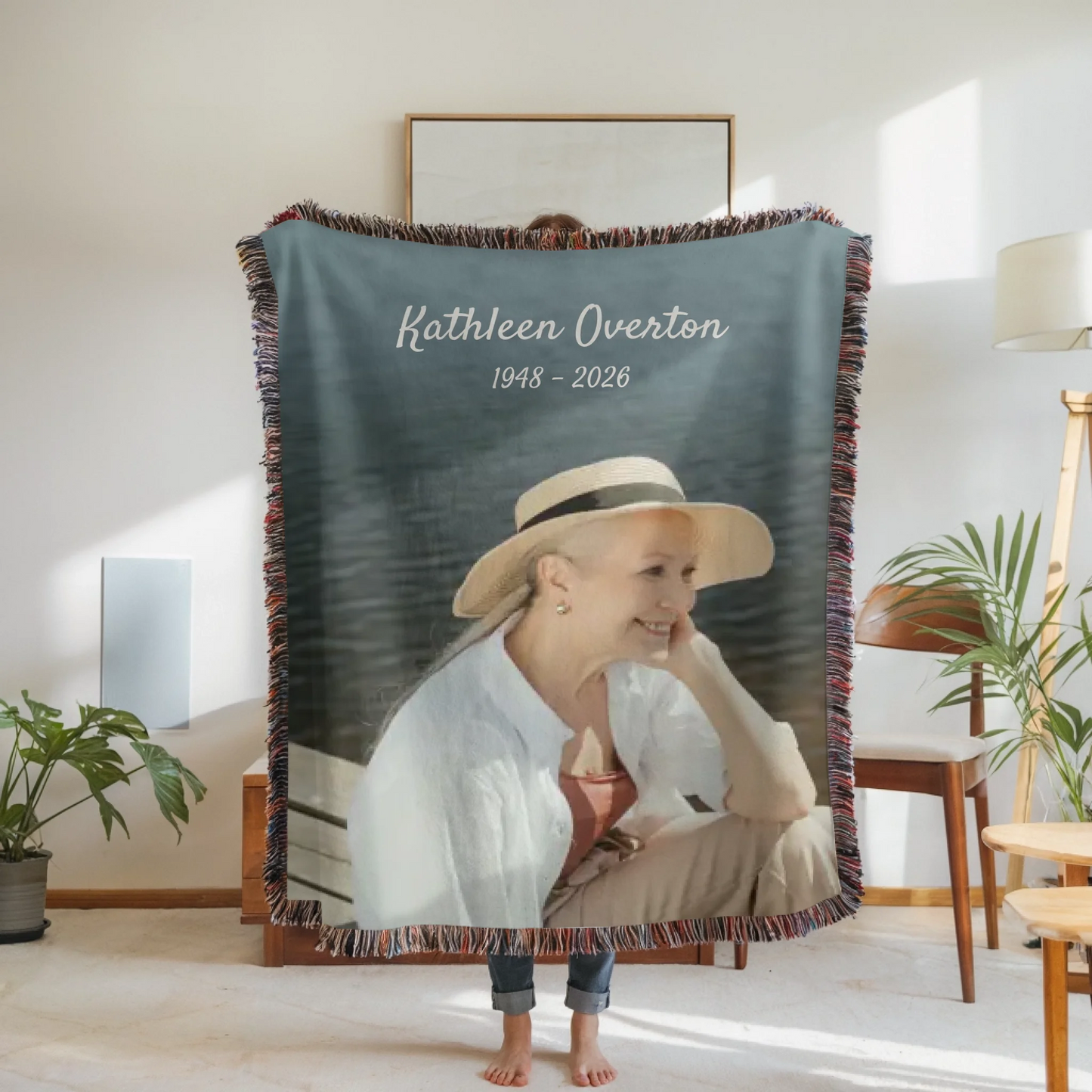 Woven Blanket Woman Holding for use as mockup within TeeinBlue-Background
