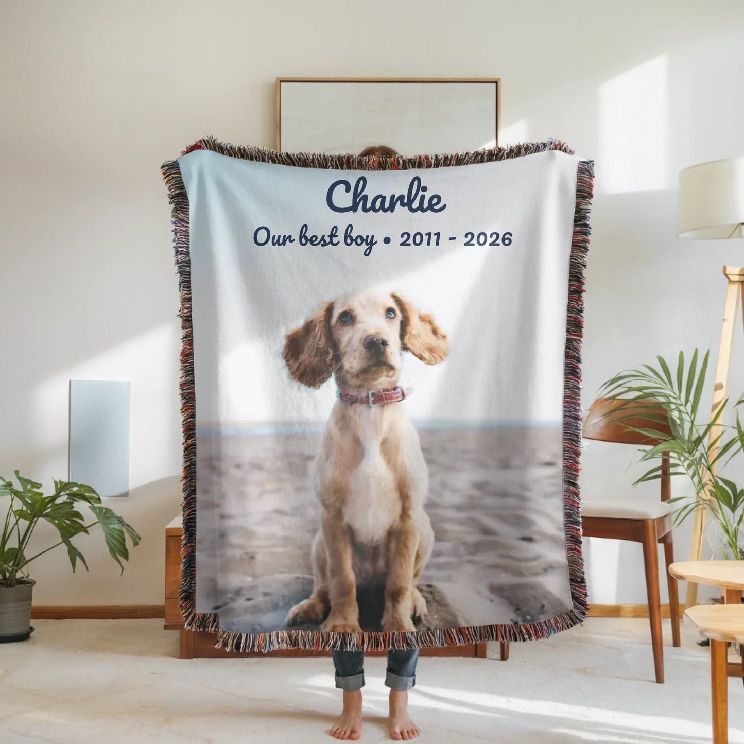 Woven Blanket Woman Holding for use as mockup within TeeinBlue-Background