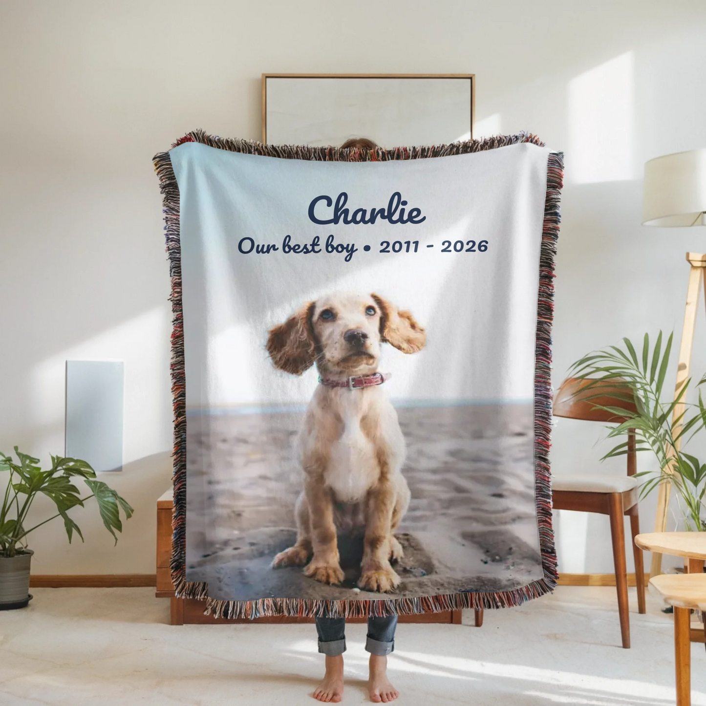 Woven Blanket Woman Holding for use as mockup within TeeinBlue-Background