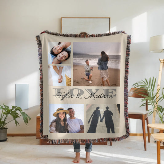 Personalized Love 5 Photo Blanket Available in 7 Colors – Custom Couple Name Photo Keepsake, Meaningful Engagement or Wedding Gift