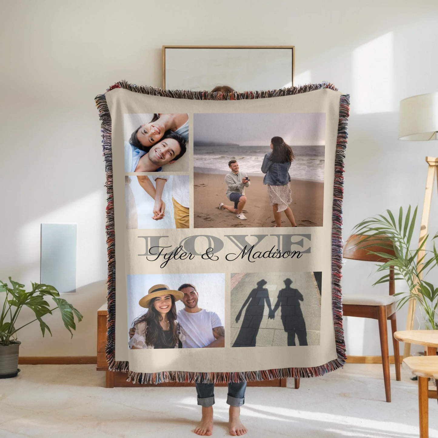 Woven Blanket Woman Holding for use as mockup within TeeinBlue-Background