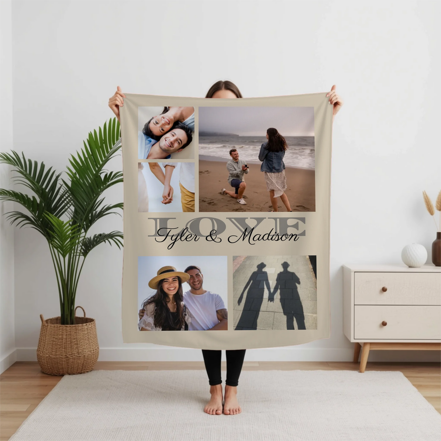 Personalized Love 5 Photo Blanket Available in 7 Colors – Custom Couple Name Photo Keepsake, Meaningful Engagement or Wedding Gift