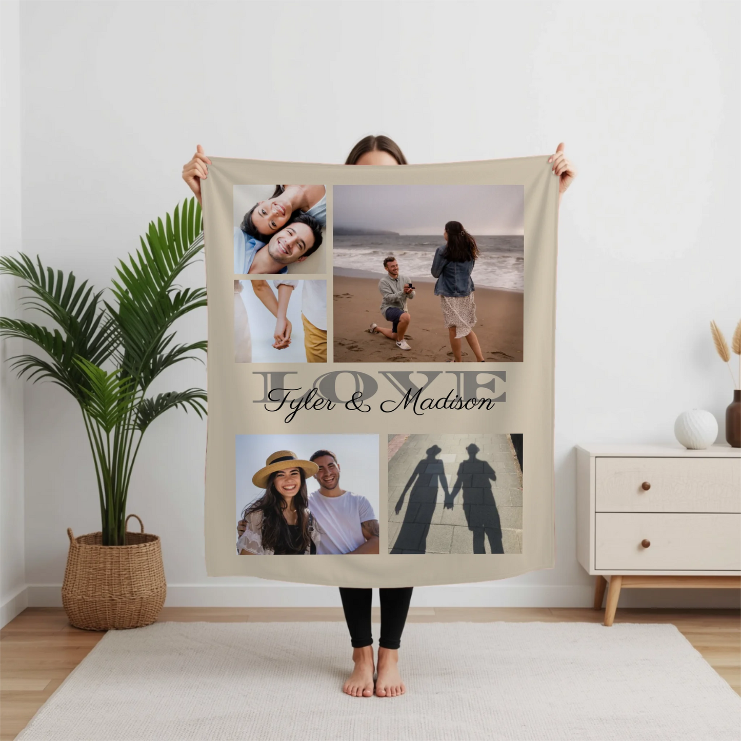 Personalized Love 5 Photo Blanket Available in 7 Colors – Custom Couple Name Photo Keepsake, Meaningful Engagement or Wedding Gift