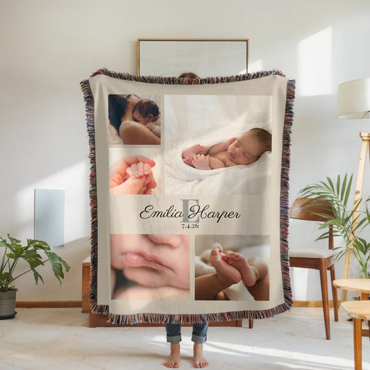 Personalized Baby Photo Blanket – Custom 5 Photo Collage Throw Blanket with Name and Birth Date, Meaningful Newborn Gift
