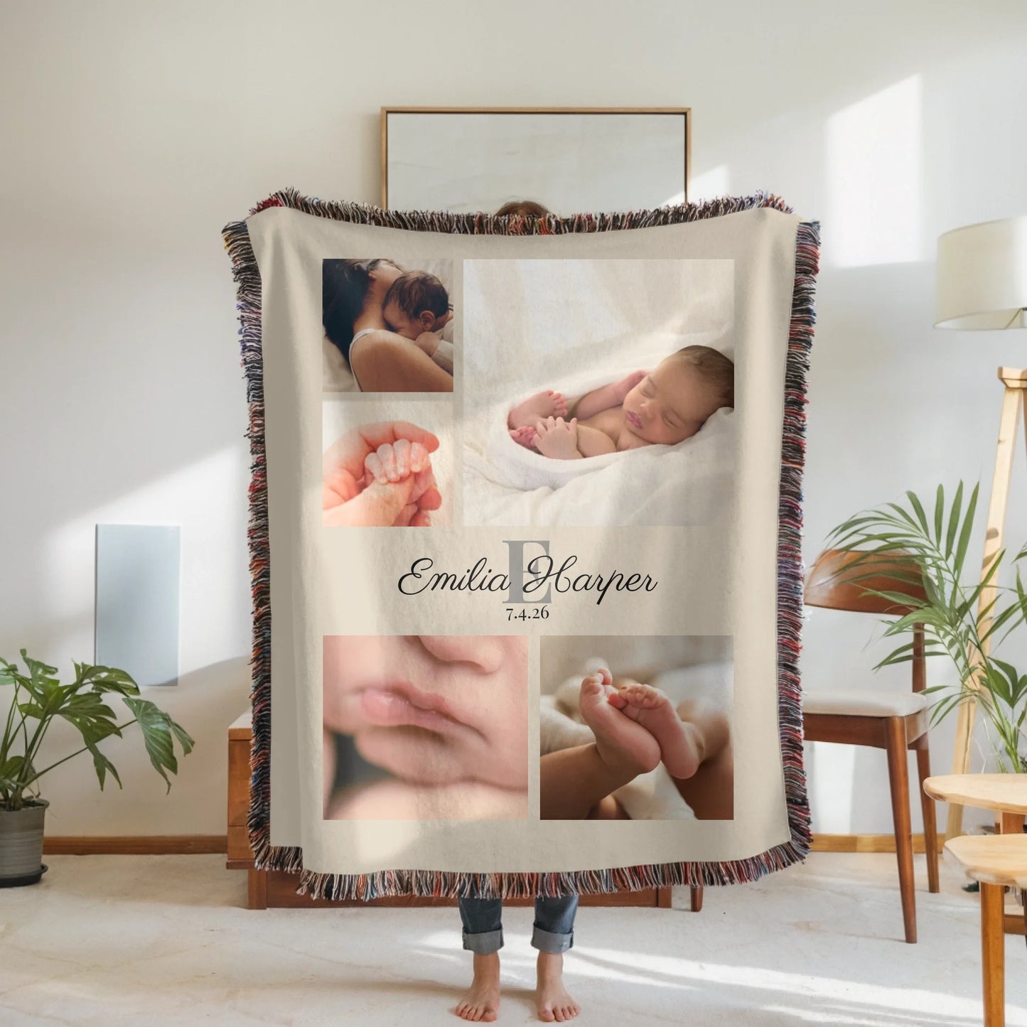 Woven Blanket Woman Holding for use as mockup within TeeinBlue-Background