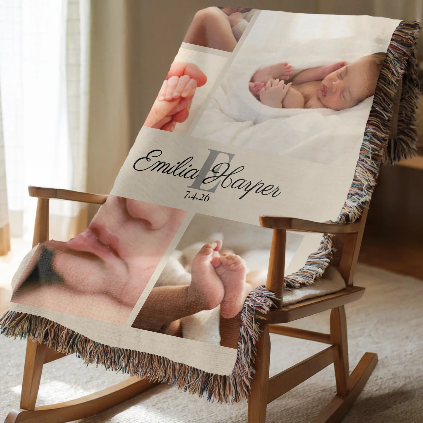 Personalized Baby Photo Blanket – Custom 5 Photo Collage Throw Blanket with Name and Birth Date, Meaningful Newborn Gift