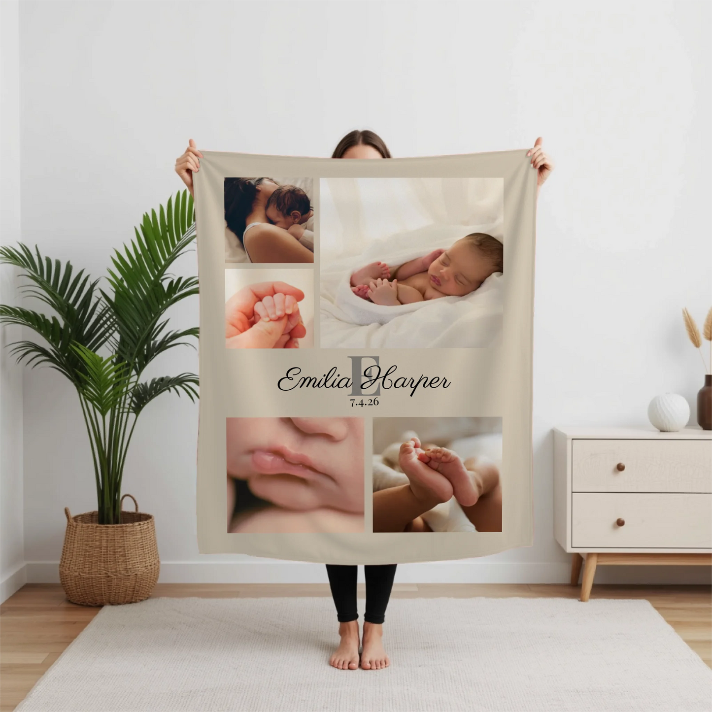 Personalized Baby Photo Blanket – Custom 5 Photo Collage Throw Blanket with Name and Birth Date, Meaningful Newborn Gift