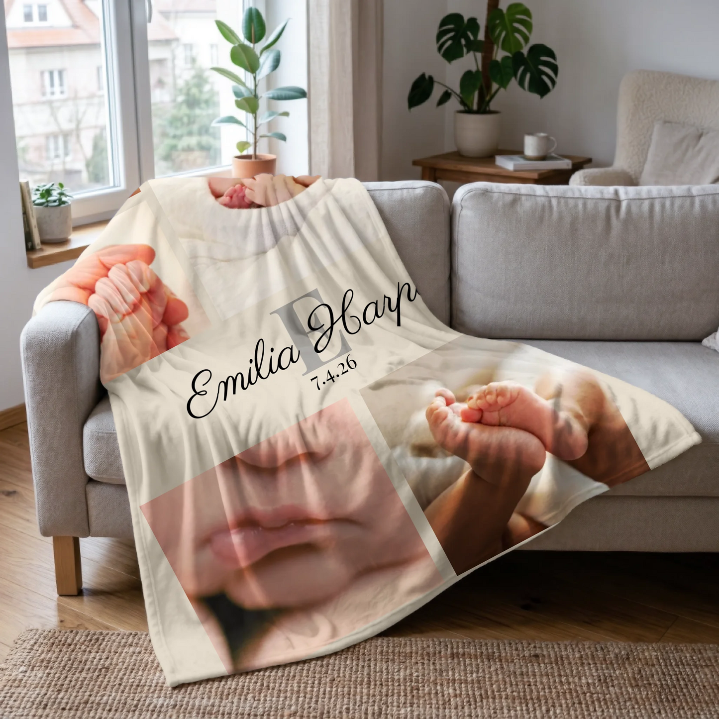 Personalized Baby Photo Blanket – Custom 5 Photo Collage Throw Blanket with Name and Birth Date, Meaningful Newborn Gift
