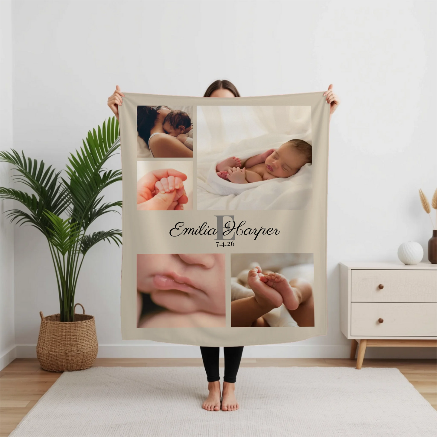 Personalized Baby Photo Blanket – Custom 5 Photo Collage Throw Blanket with Name and Birth Date, Meaningful Newborn Gift