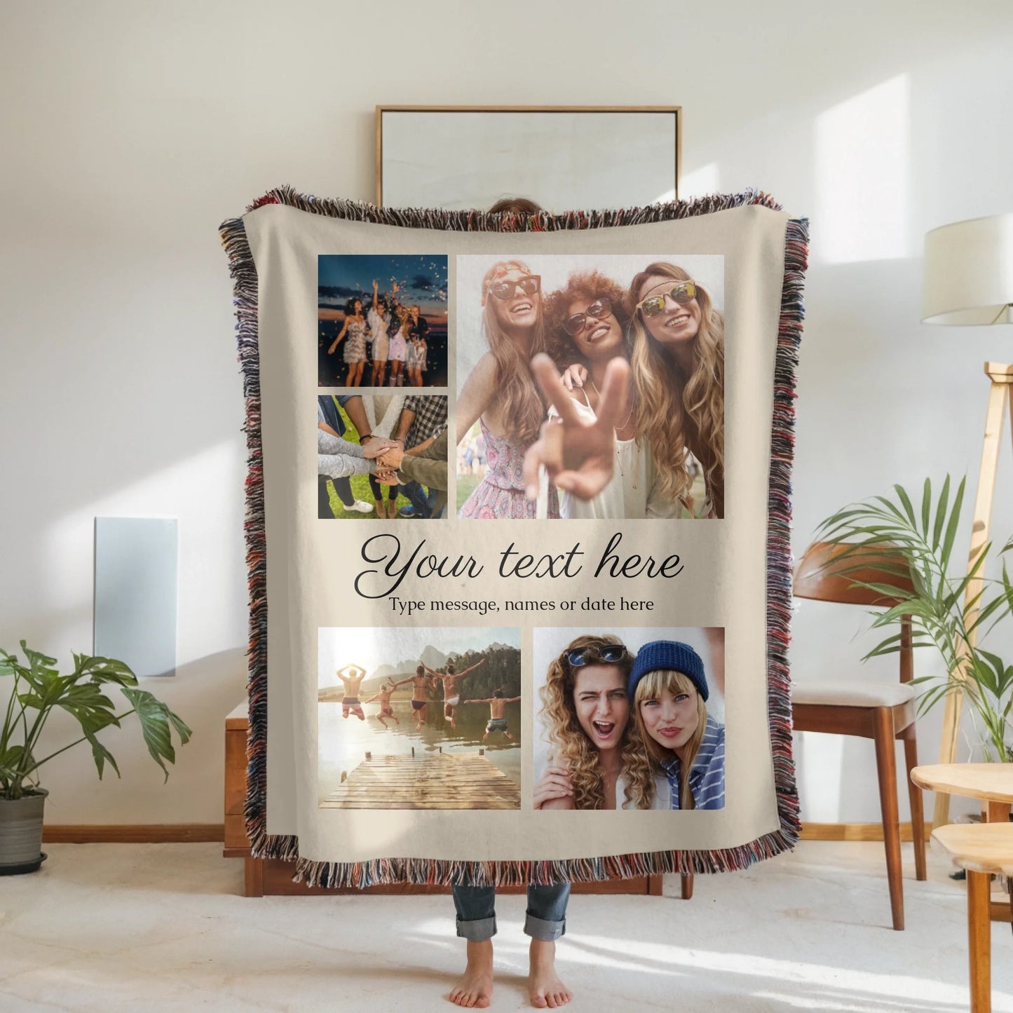 Woven Blanket Woman Holding for use as mockup within TeeinBlue-Background