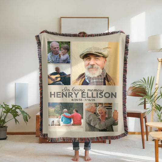 Personalized In Loving Memory Blanket – Custom 5 Photo Collage with Name and Memorial Dates Throw Blanket, Meaningful Bereavement Gift