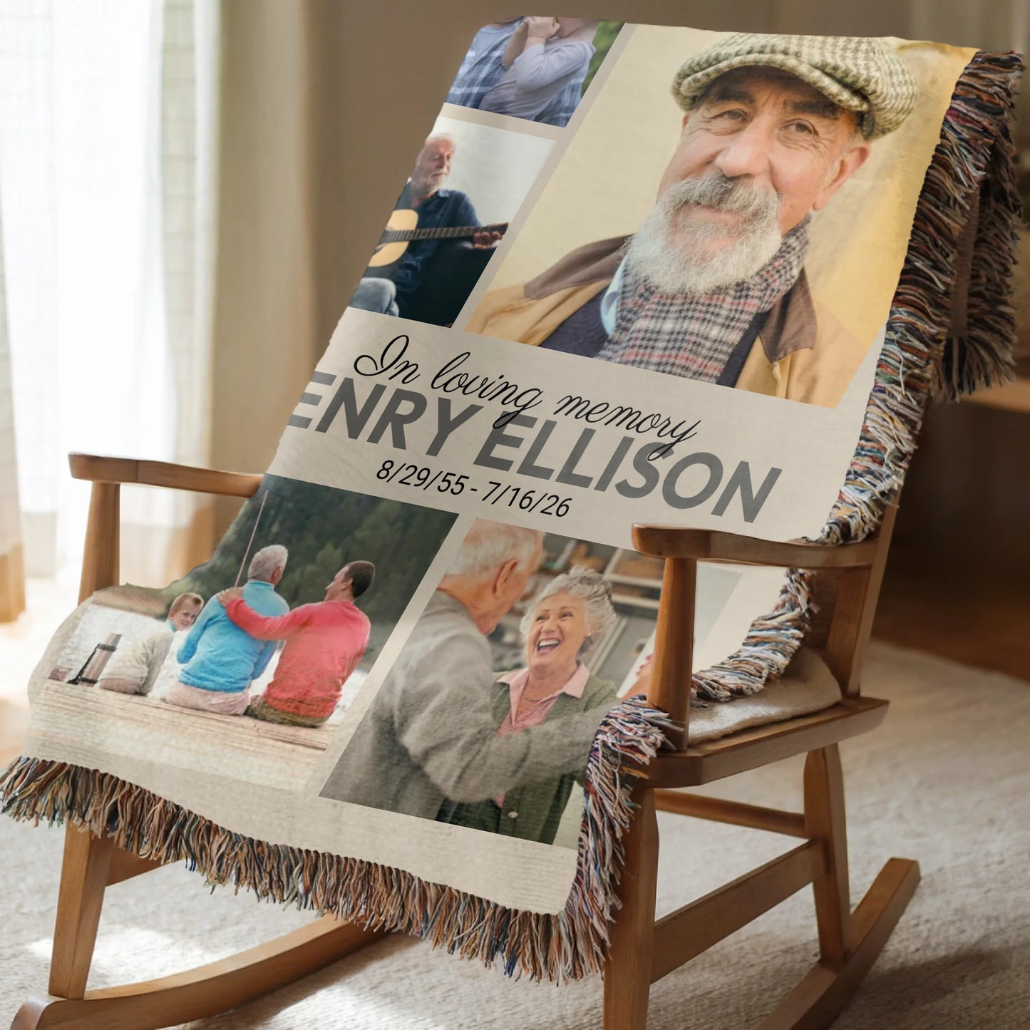 Personalized In Loving Memory Blanket – Custom 5 Photo Collage with Name and Memorial Dates Throw Blanket, Meaningful Bereavement Gift