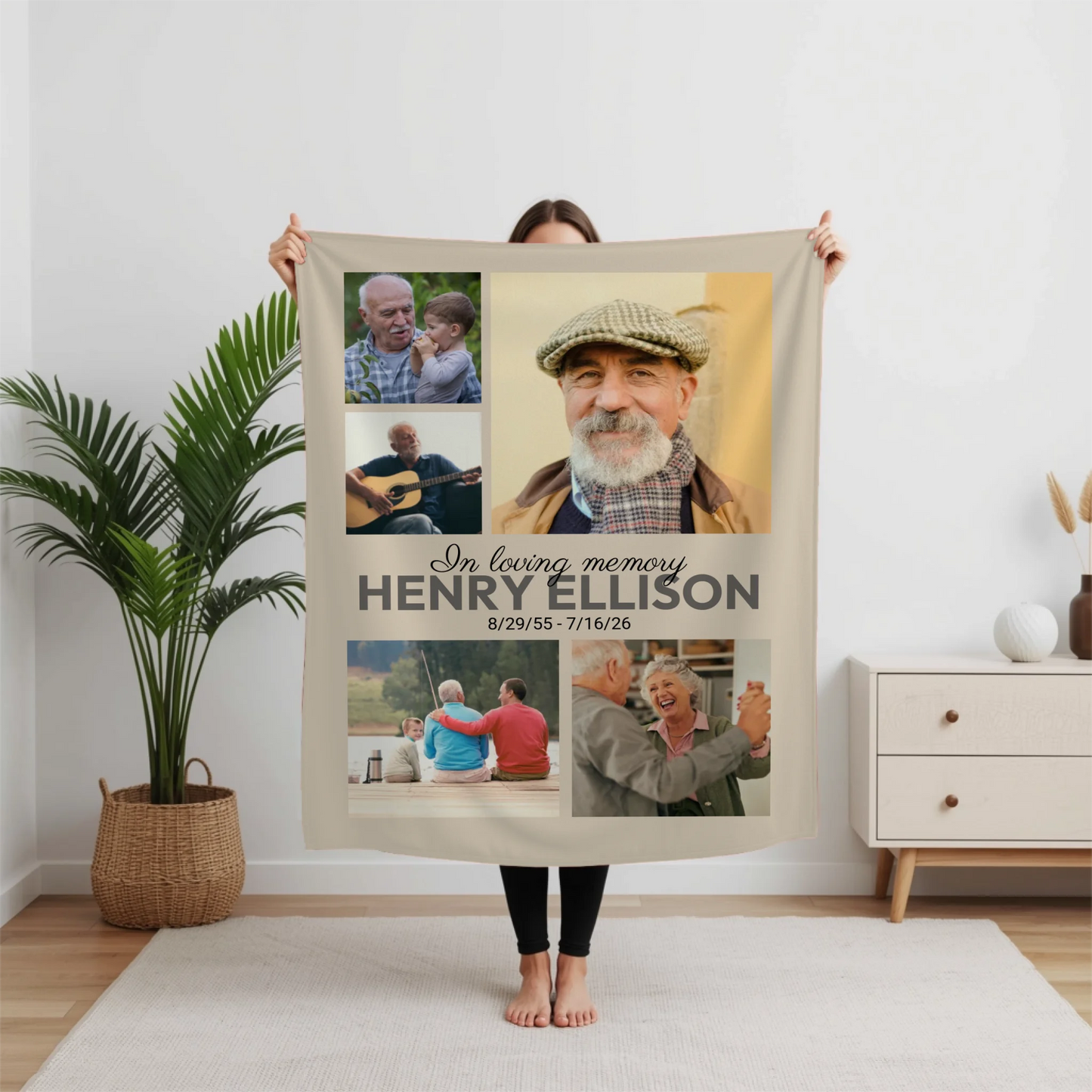 Personalized In Loving Memory Blanket – Custom 5 Photo Collage with Name and Memorial Dates Throw Blanket, Meaningful Bereavement Gift