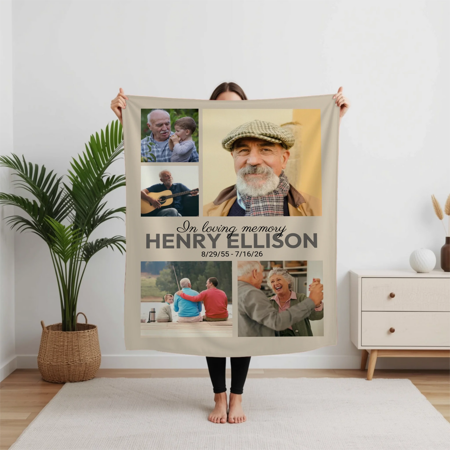 Personalized In Loving Memory Blanket – Custom 5 Photo Collage with Name and Memorial Dates Throw Blanket, Meaningful Bereavement Gift