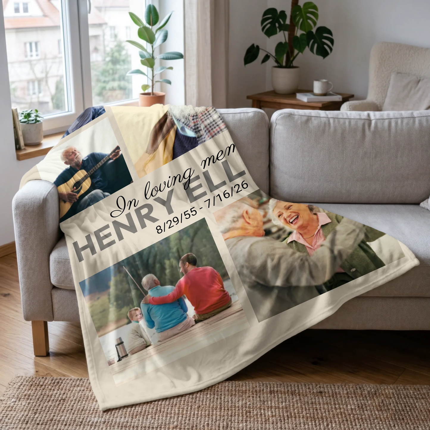 Personalized In Loving Memory Blanket – Custom 5 Photo Collage with Name and Memorial Dates Throw Blanket, Meaningful Bereavement Gift