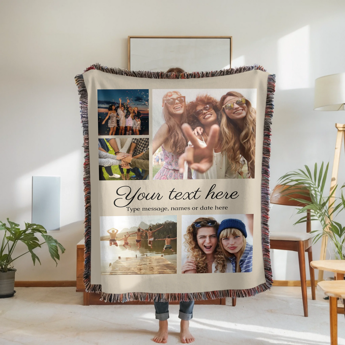Woven Blanket Woman Holding for use as mockup within TeeinBlue-Background
