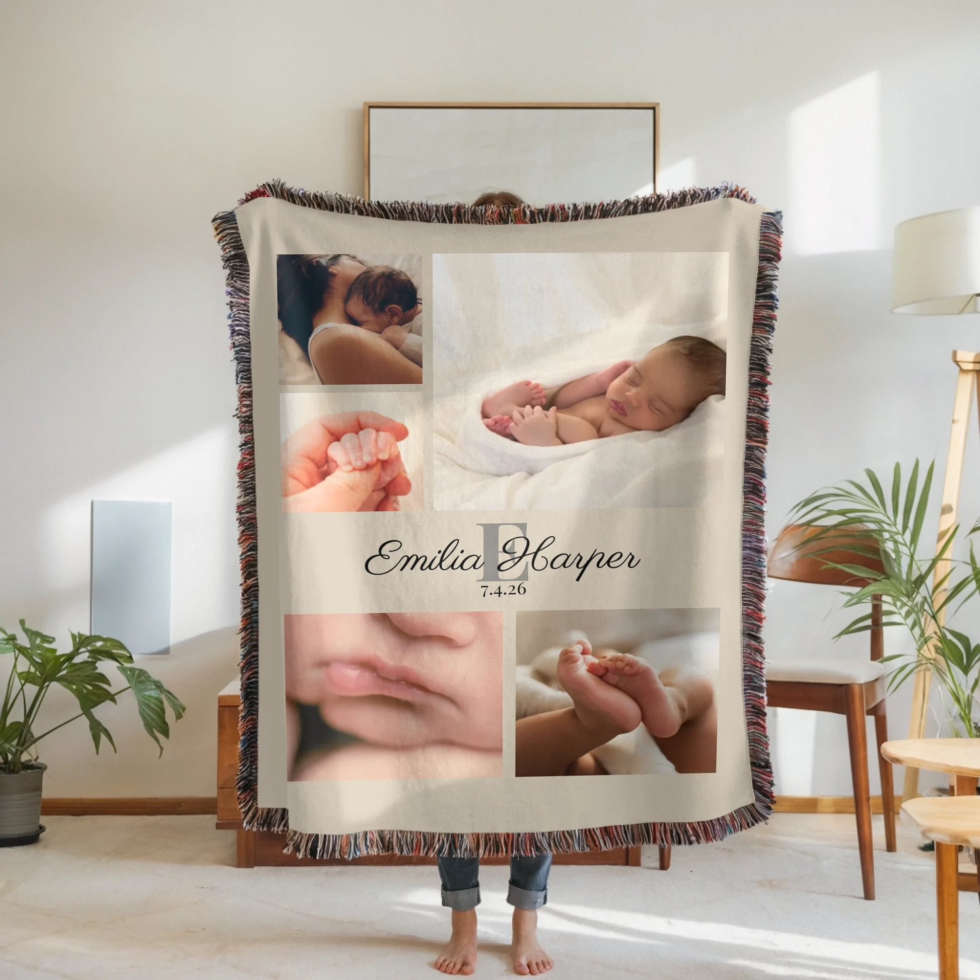 Woven Blanket Woman Holding for use as mockup within TeeinBlue-Background