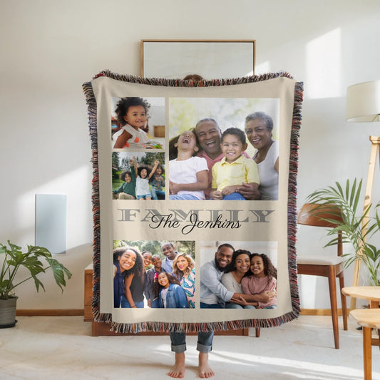Personalized Family 5 Photo Blanket Available in 7 Colors – Custom Collage Picture Throw Blanket with Last Name, Unique Memory Keepsake Gift