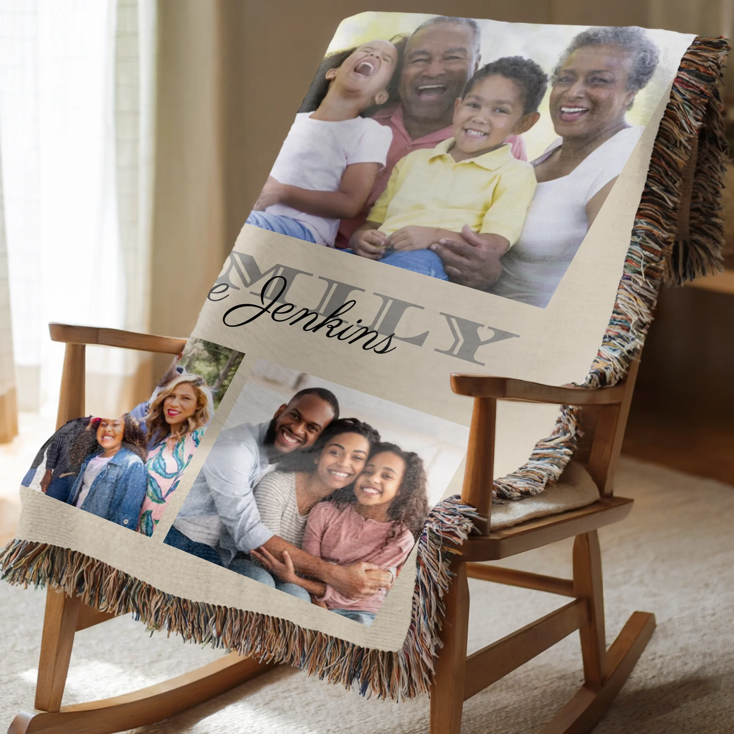 Personalized Family 5 Photo Blanket Available in 7 Colors – Custom Collage Picture Throw Blanket with Last Name, Unique Memory Keepsake Gift