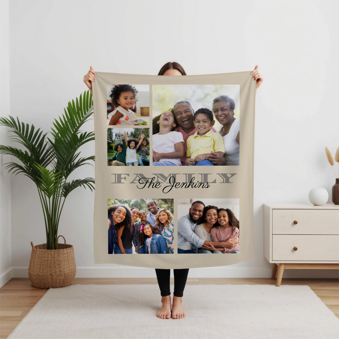 Personalized Family 5 Photo Blanket Available in 7 Colors – Custom Collage Picture Throw Blanket with Last Name, Unique Memory Keepsake Gift