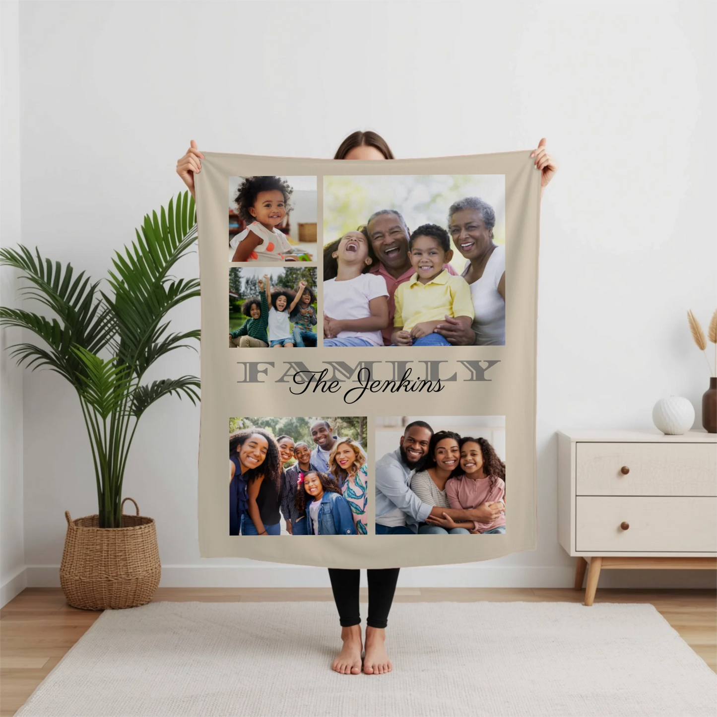 Personalized Family 5 Photo Blanket Available in 7 Colors – Custom Collage Picture Throw Blanket with Last Name, Unique Memory Keepsake Gift