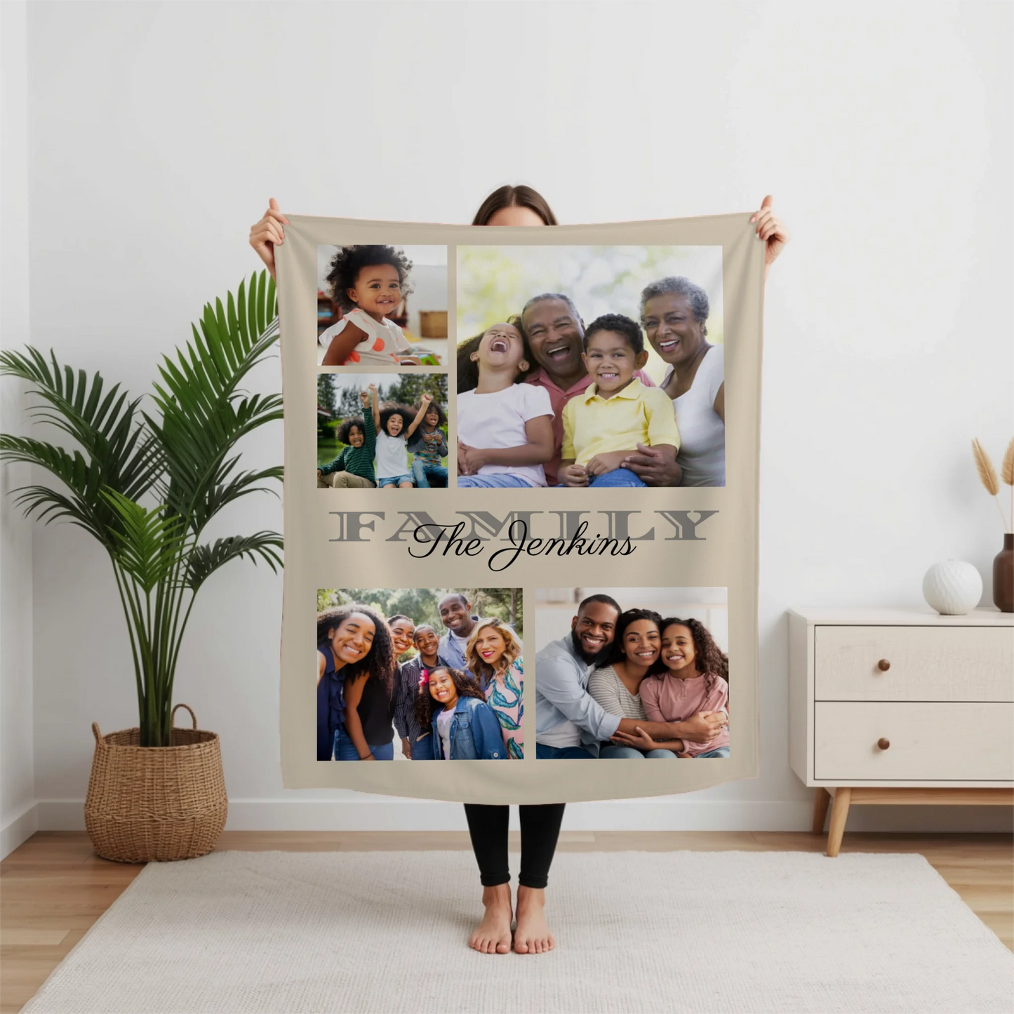 Personalized Family 5 Photo Blanket Available in 7 Colors – Custom Collage Picture Throw Blanket with Last Name, Unique Memory Keepsake Gift