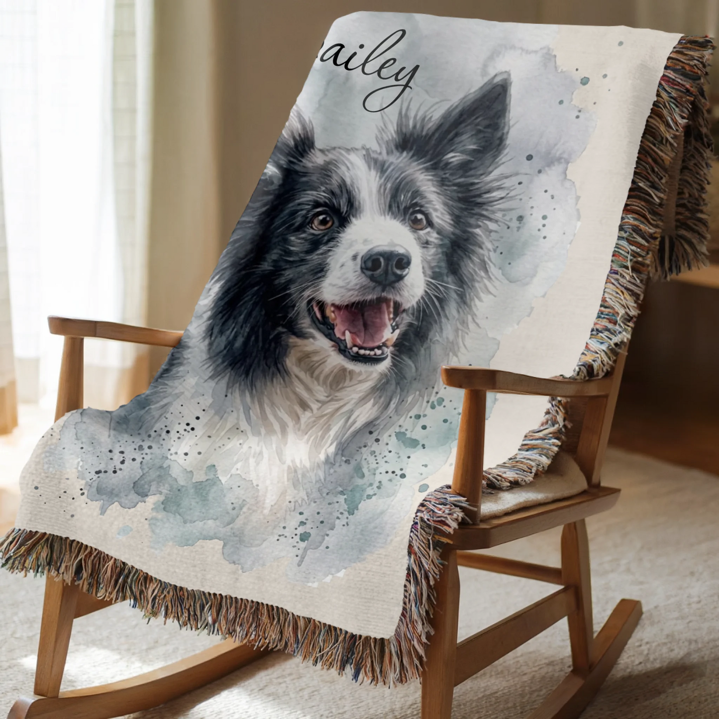 Personalized Watercolor Pet Portrait Woven or Fleece Throw Blanket – Custom Dog Photo and Name Art, Unique Gift for Dog Lovers