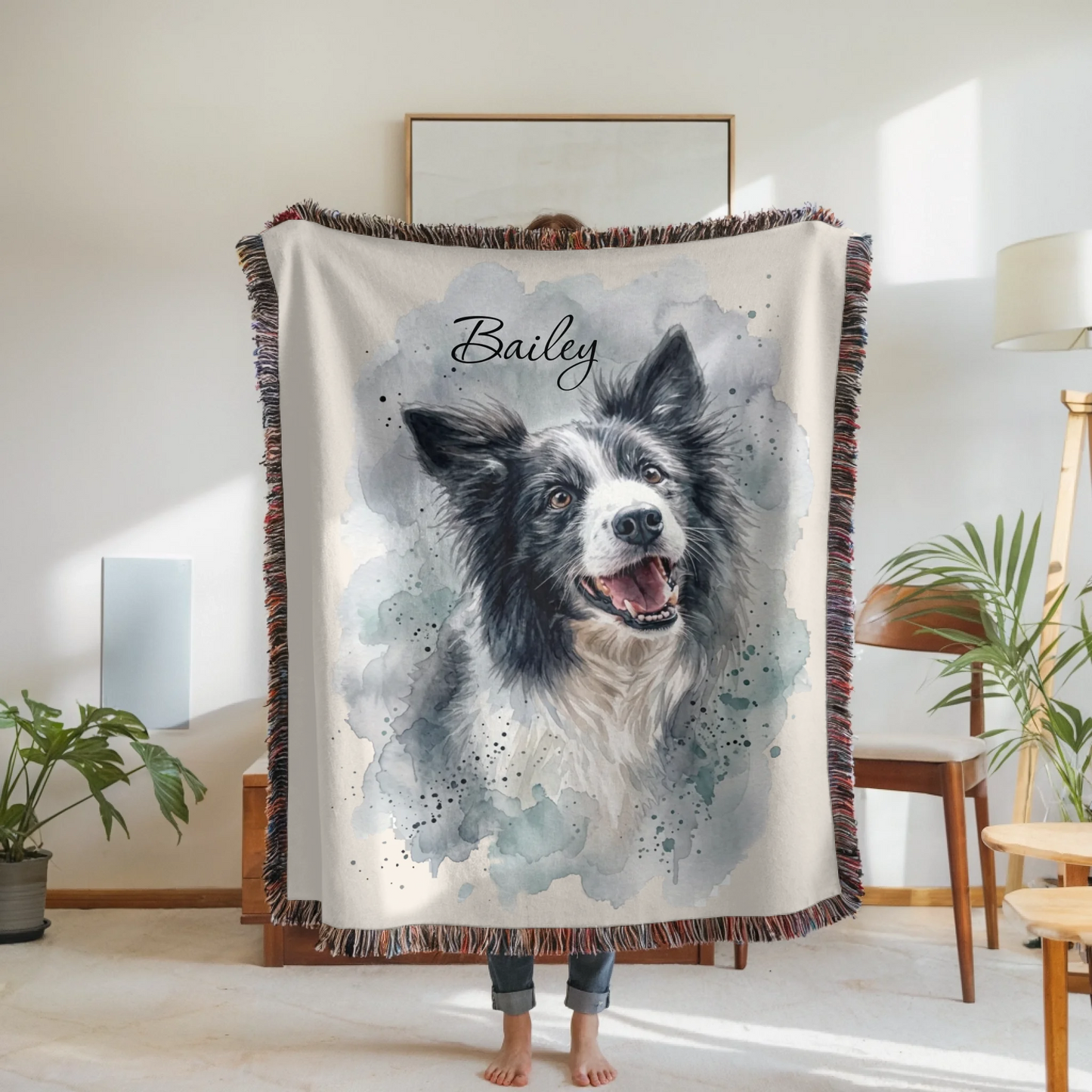 Personalized Watercolor Pet Portrait Woven or Fleece Throw Blanket – Custom Dog Photo and Name Art, Unique Gift for Dog Lovers