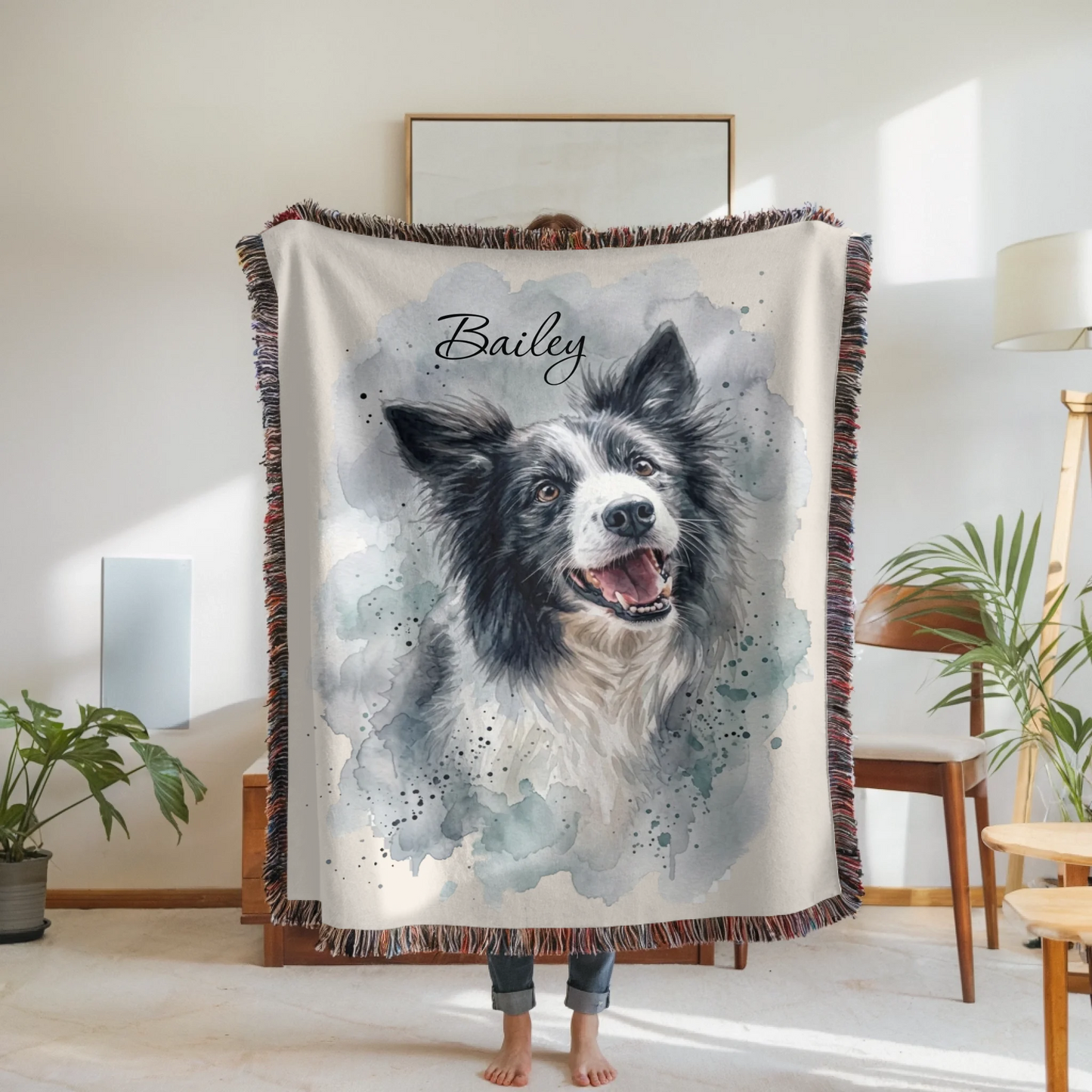 Woven Blanket Woman Holding for use as mockup within TeeinBlue-Background