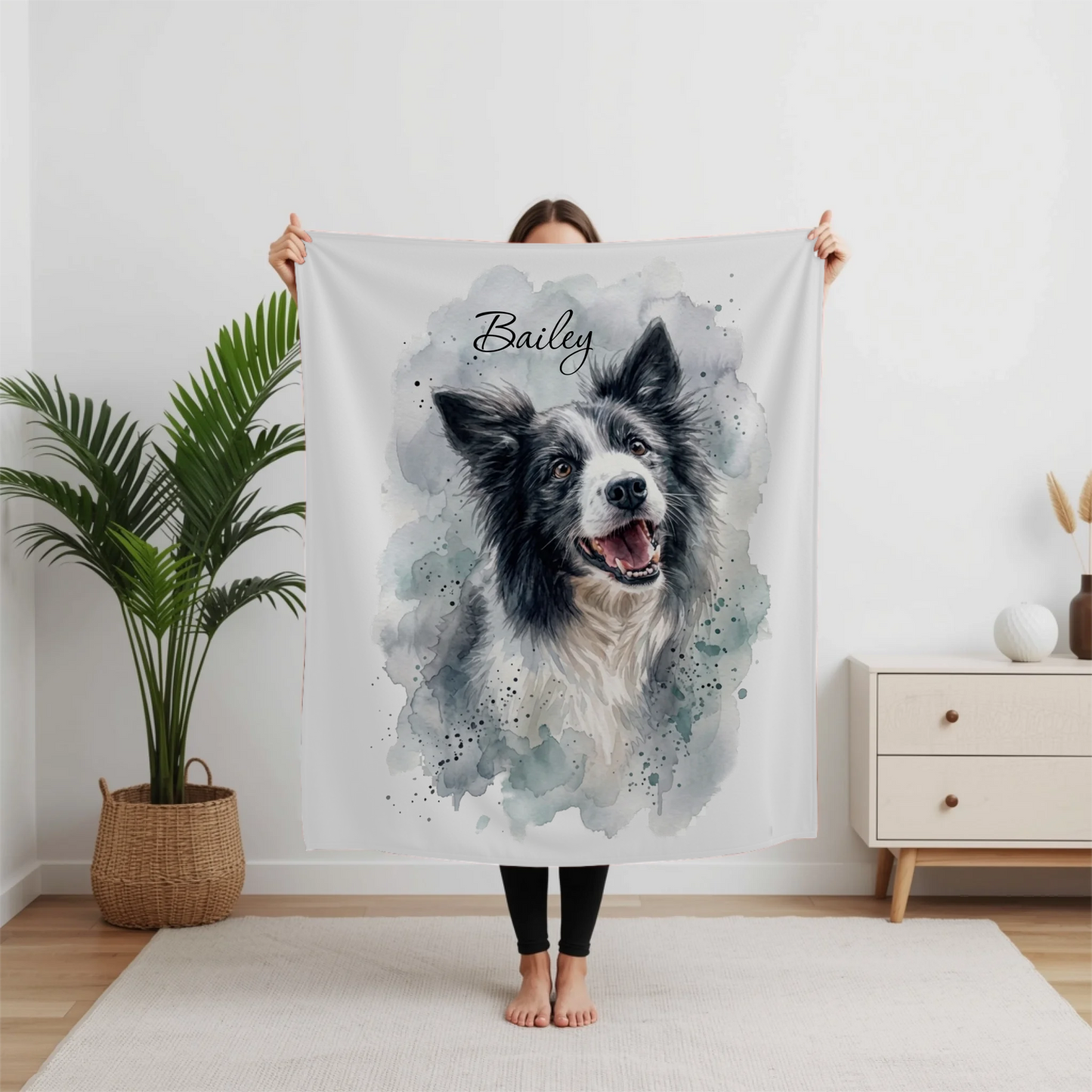 Personalized Watercolor Pet Portrait Woven or Fleece Throw Blanket – Custom Dog Photo and Name Art, Unique Gift for Dog Lovers