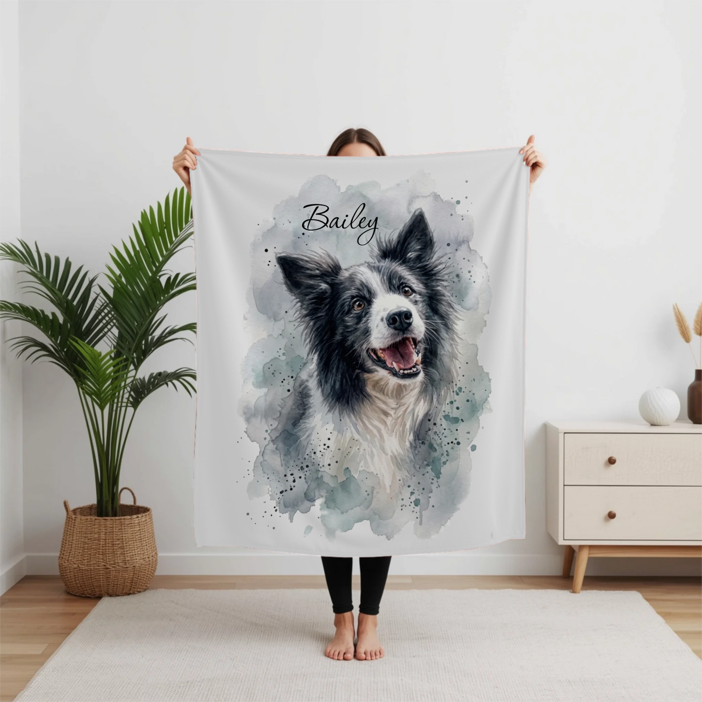 Personalized Watercolor Pet Portrait Woven or Fleece Throw Blanket – Custom Dog Photo and Name Art, Unique Gift for Dog Lovers