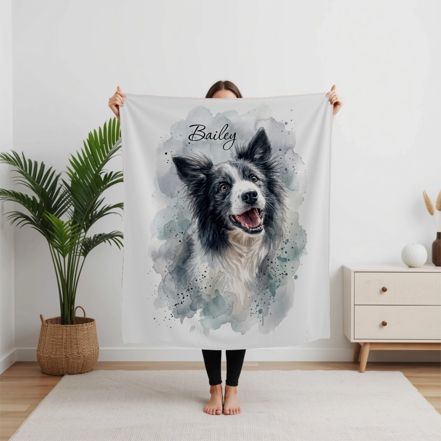 Personalized Watercolor Pet Portrait Woven or Fleece Throw Blanket – Custom Dog Photo and Name Art, Unique Gift for Dog Lovers